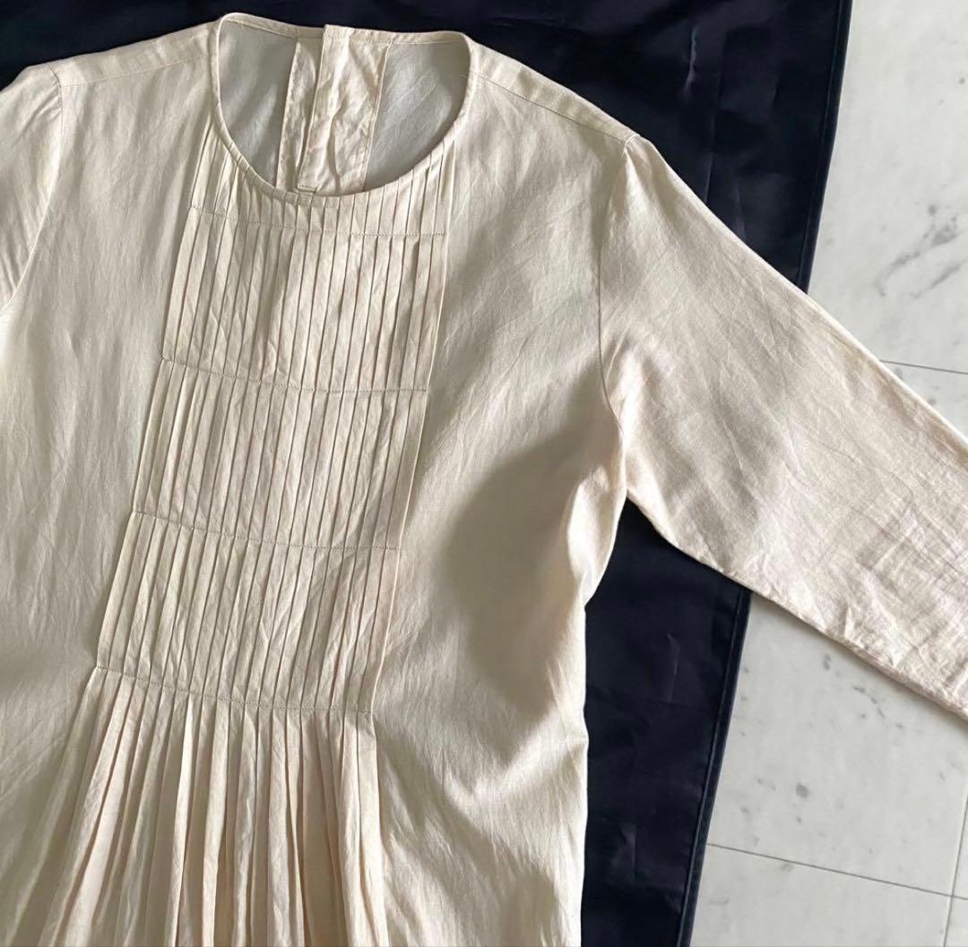 極美品 evam evaコットンカシミヤ ファインプリーツ ピンタックワンピース