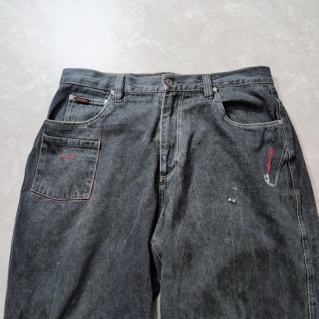 【極太ワイド】FUBU フブ　ブラックデニム　38 y2k 平成　特大 刺繍ロゴ