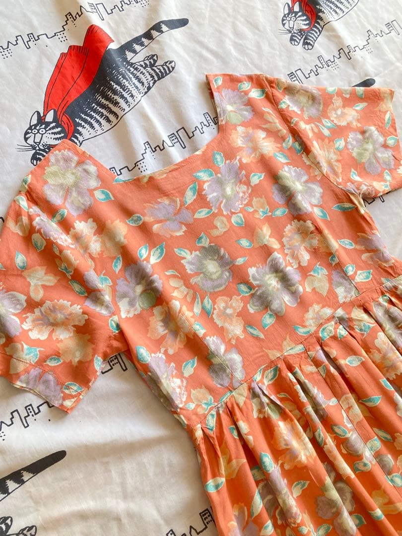 vintage ヴィンテージ オレンジ 花柄 ロングワンピース 古着
