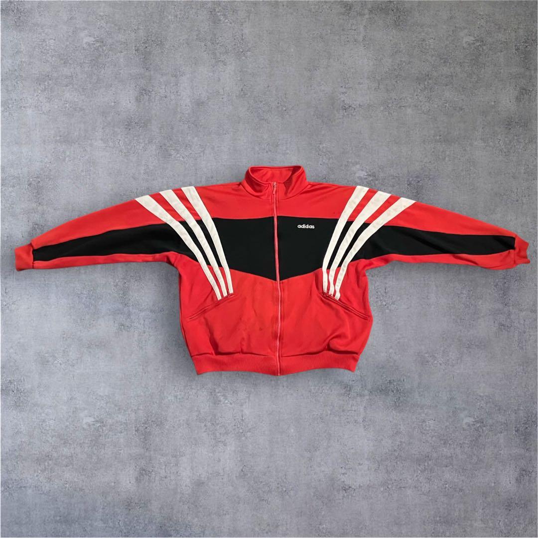 adidas 90s トラックジャケット L相当 赤黒 ワイドシルエット**