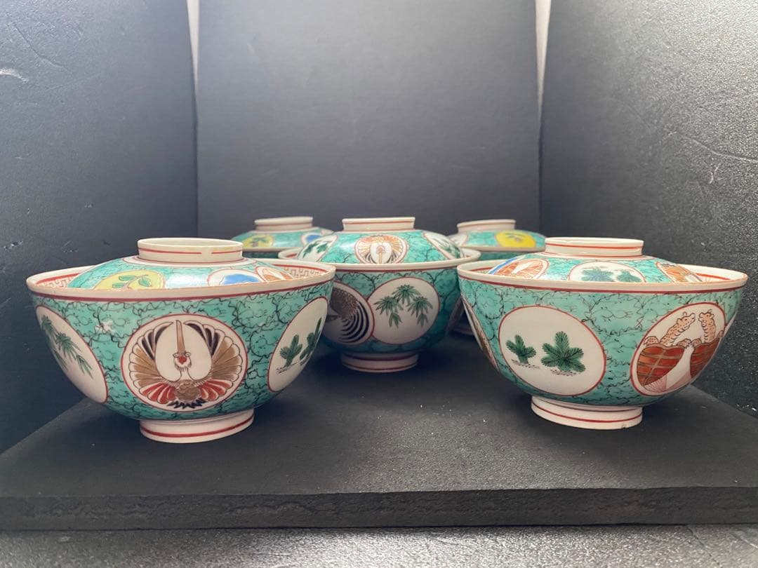 乾隆年製　古伊万里 吉祥文 5客　飯碗　蓋付　茶碗　金彩 古美術 骨董 古玩