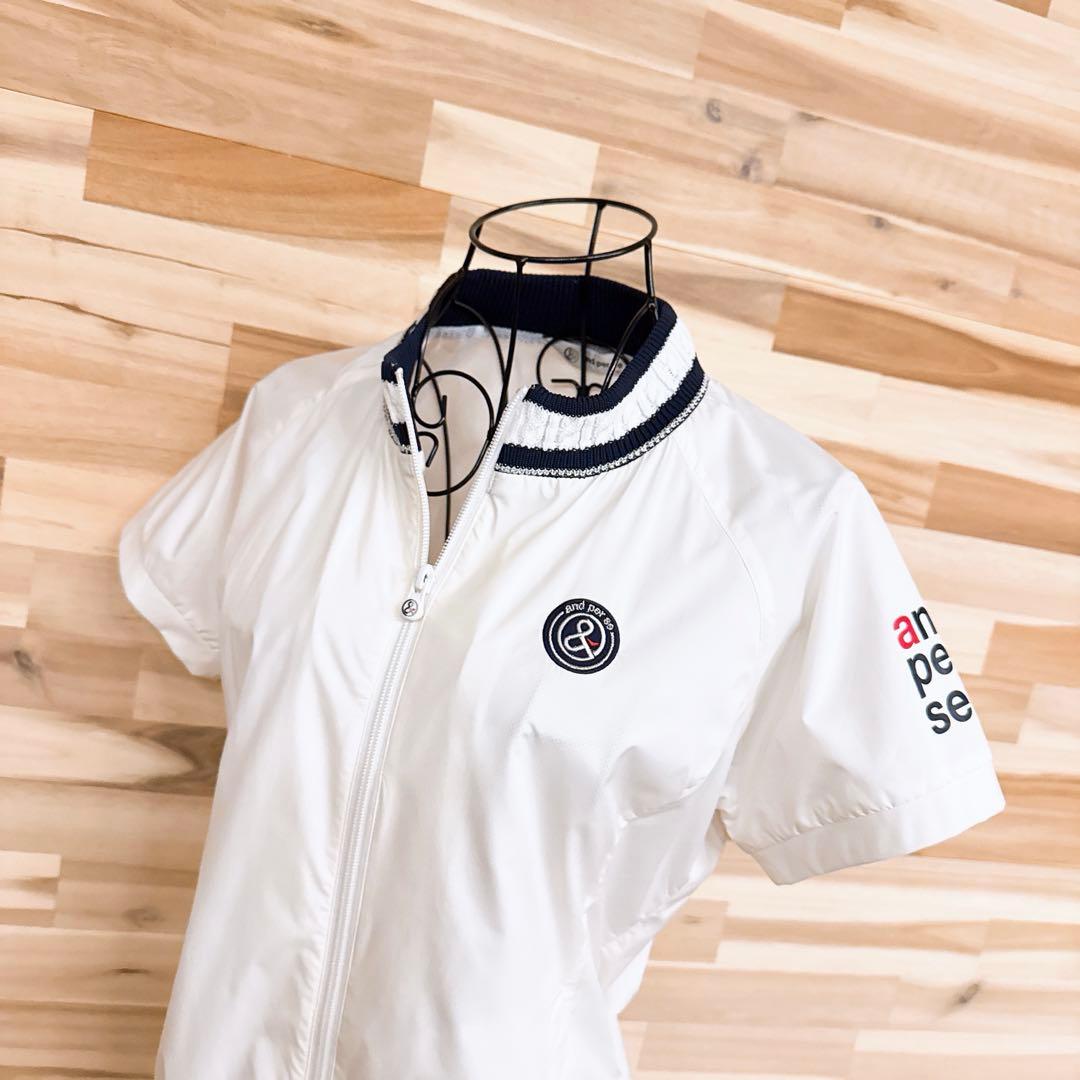 【アンパスィ】ゴルフ ジップアップ ニット襟 半袖Tシャツ 内側メッシュ M 白
