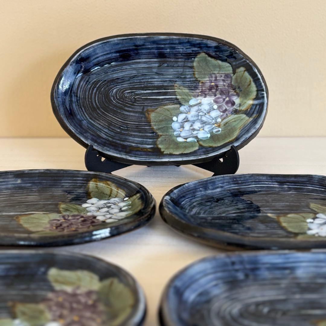 か*ん様 和食器 京焼 陶葊 土渕陶あん 楕円皿 貫入陶器 紫陽花 5枚セット