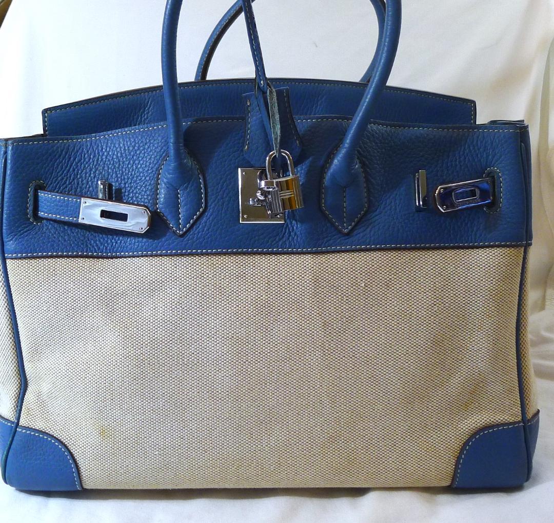 【人気モデル】ブルーレザー＆生成りキャンバスBAG35㎝（キー＆クシュレット付）