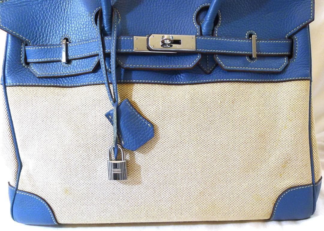【人気モデル】ブルーレザー＆生成りキャンバスBAG35㎝（キー＆クシュレット付）