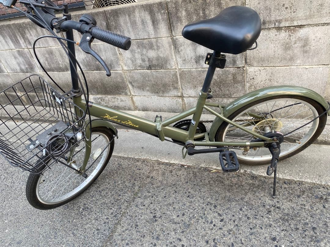 折りたたみ自転車 オリーブグリーン バスケット付き　引き取り限定