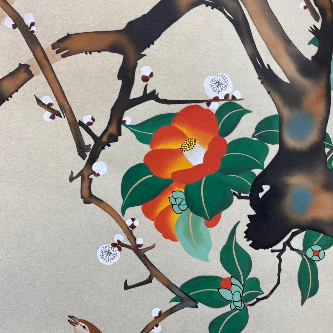 美品 掛け軸 酒井抱一筆 梅椿に鶯図 花鳥十二か月 名画 おもてなし