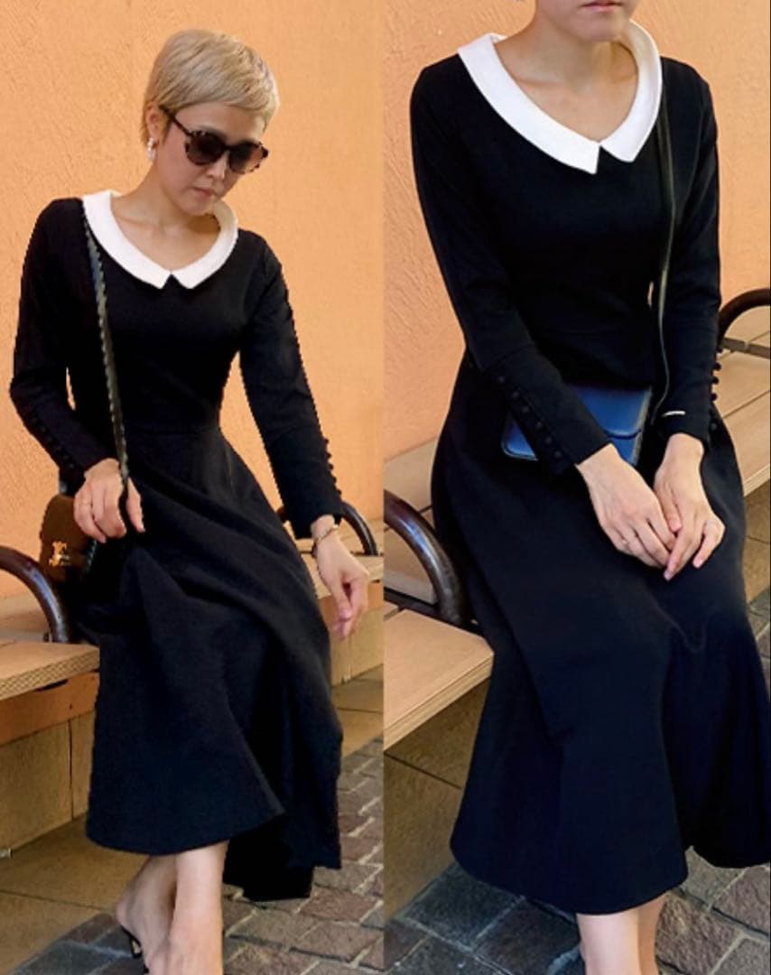 JENNE 付け襟モダンワンピース L ブラック フレア ロングワンピース