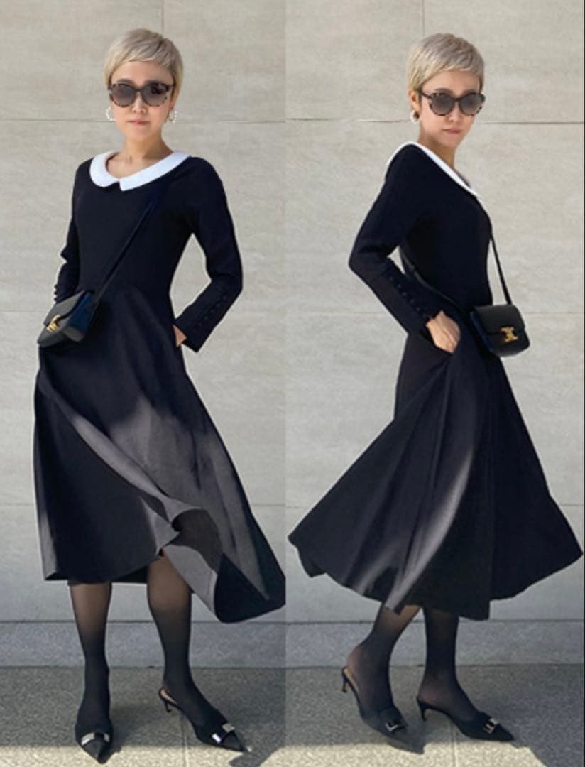 JENNE 付け襟モダンワンピース L ブラック フレア ロングワンピース