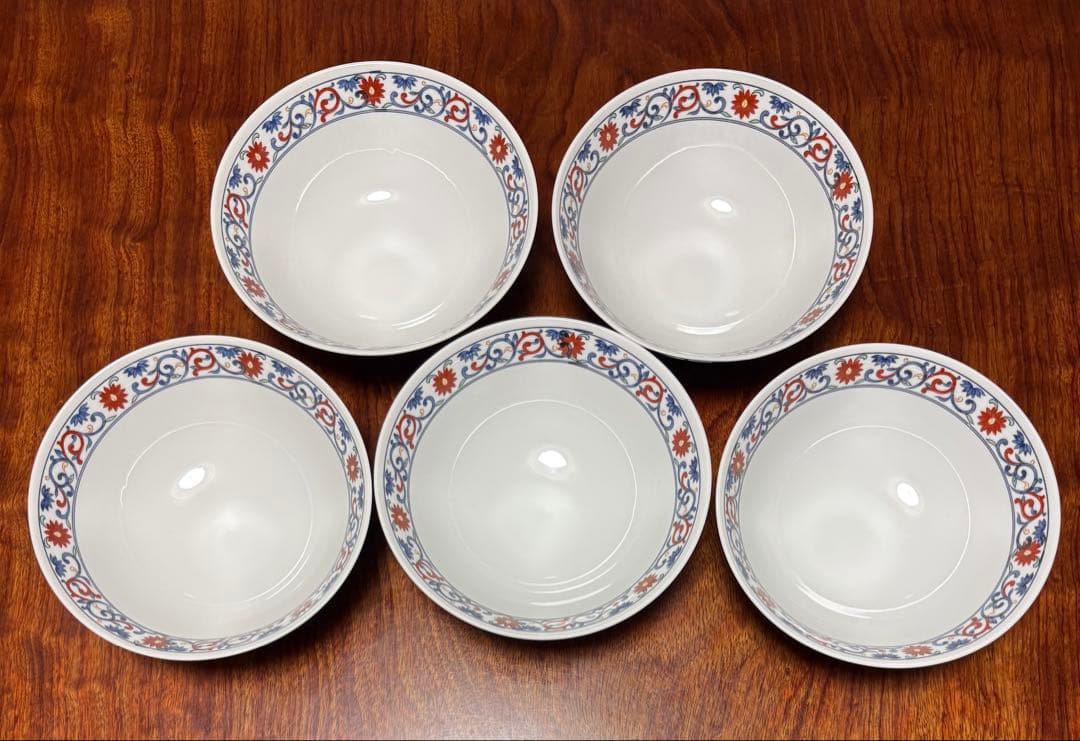【美品】大昭和龍峰製_青華龍_五彩唐草_龍柄ラーメン茶碗5皿セット_有田焼龍峰窯