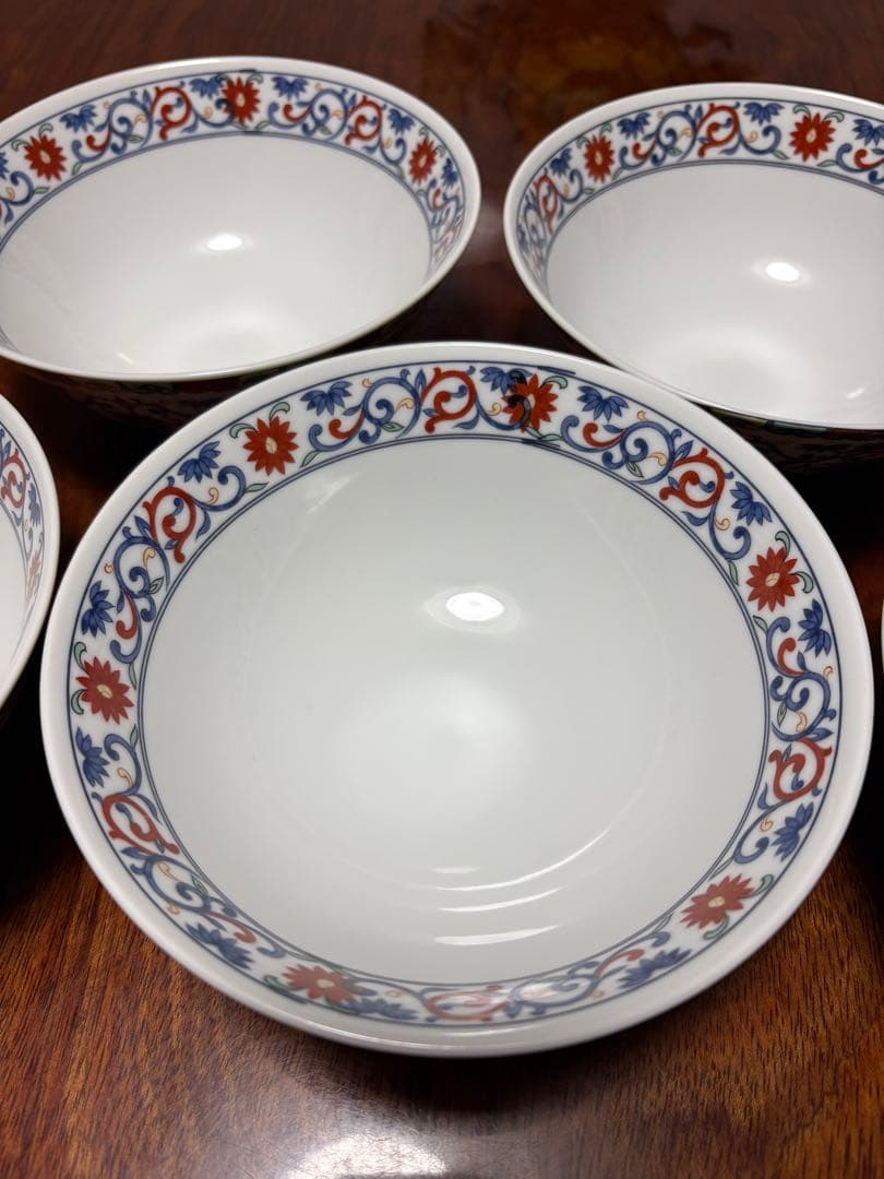 【美品】大昭和龍峰製_青華龍_五彩唐草_龍柄ラーメン茶碗5皿セット_有田焼龍峰窯