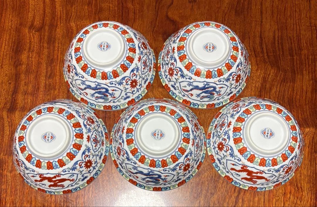 【美品】大昭和龍峰製_青華龍_五彩唐草_龍柄ラーメン茶碗5皿セット_有田焼龍峰窯