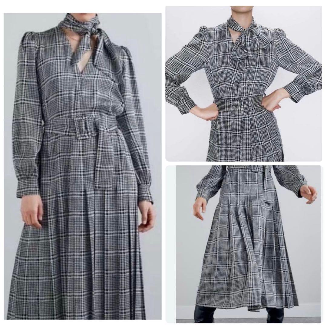 【極美品／希少】キャサリン妃着用★ZARA 千鳥 ボウタイプリーツ長袖ワンピース