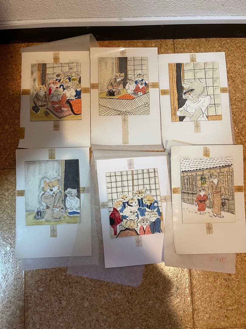 三匹の猫　小沢良吉　むっつりのはなし　珍品絵本肉筆原画 15点挿絵 原稿
