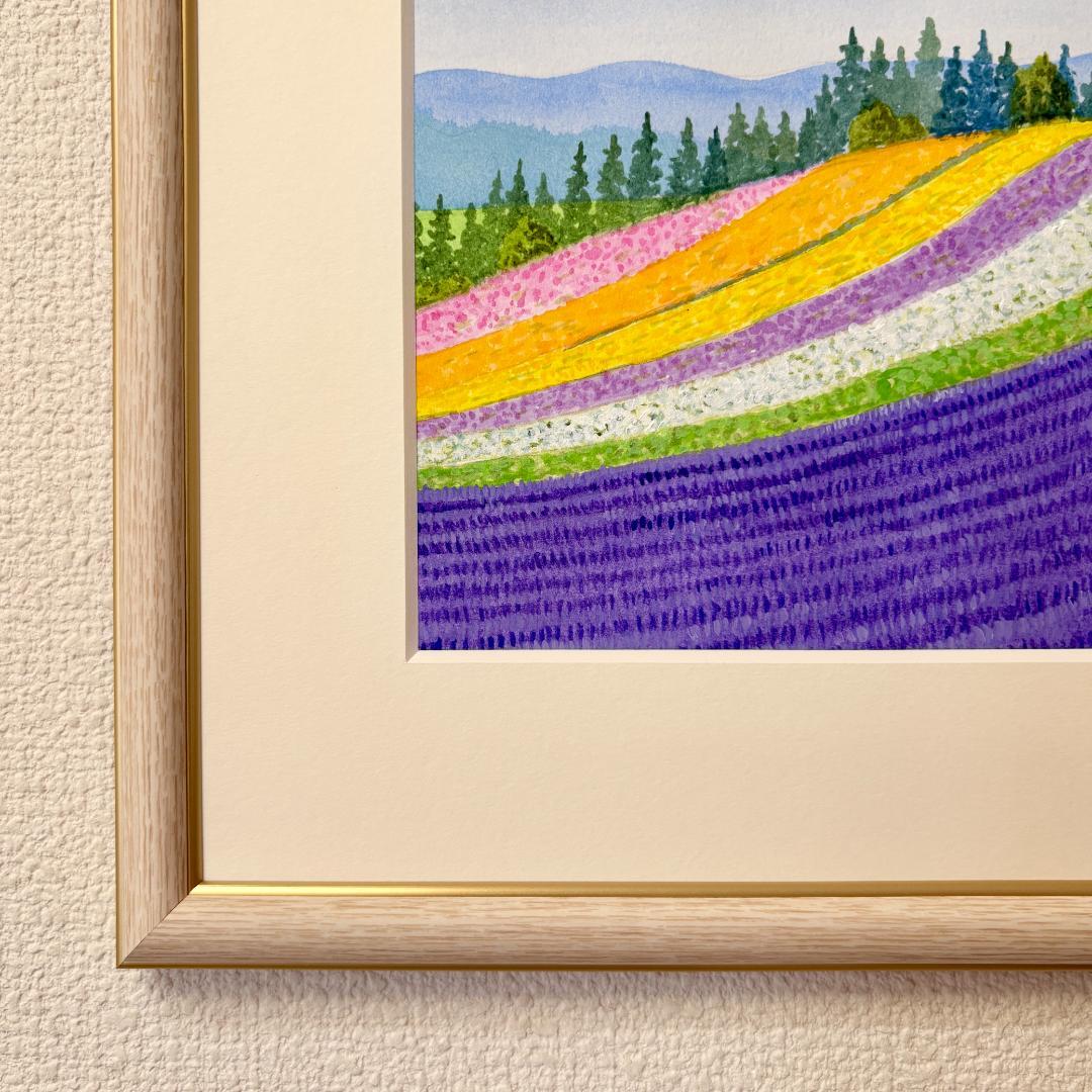 アクリル画　原画　「ラベンダー畑13」額縁付　SMサイズ　風景画