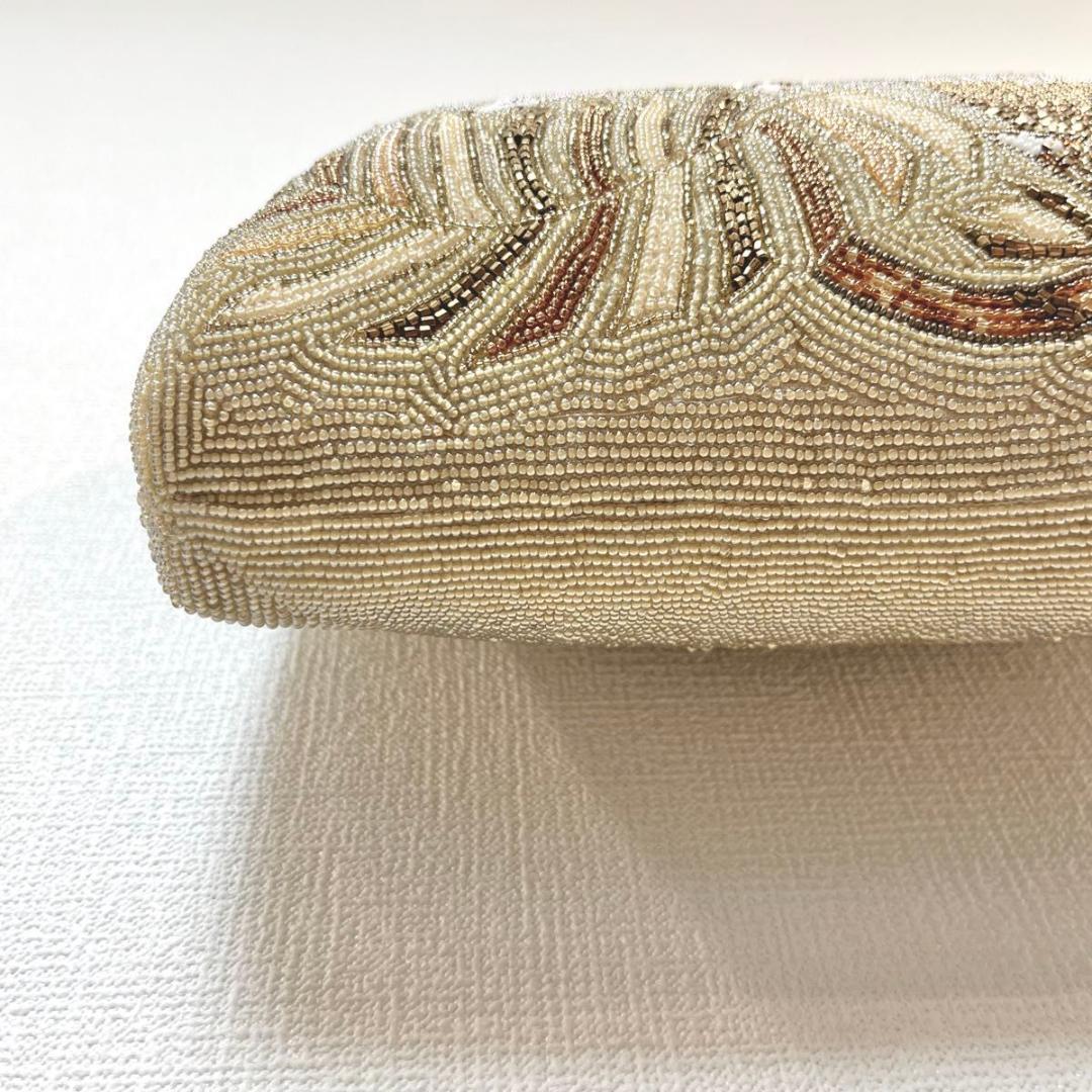 【美品】花柄 総ビーズ刺繍 べっ甲フレーム がま口 ハンドバッグ パーティ