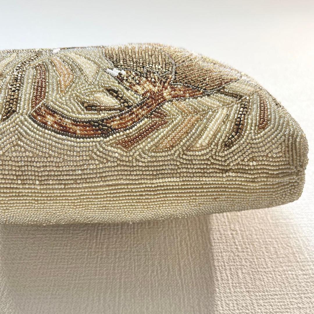 【美品】花柄 総ビーズ刺繍 べっ甲フレーム がま口 ハンドバッグ パーティ