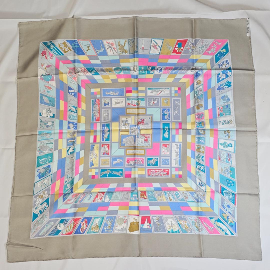 【美品】エルメス カレ90 切手柄 CORRESPONDANCE シルク グレー