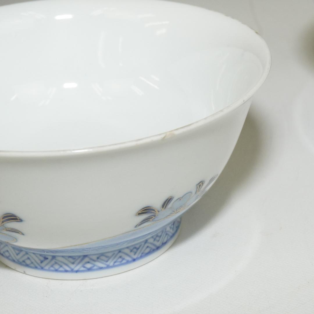 古伊万里　蓋付 飯 茶碗　14客 染付金彩木箱入り