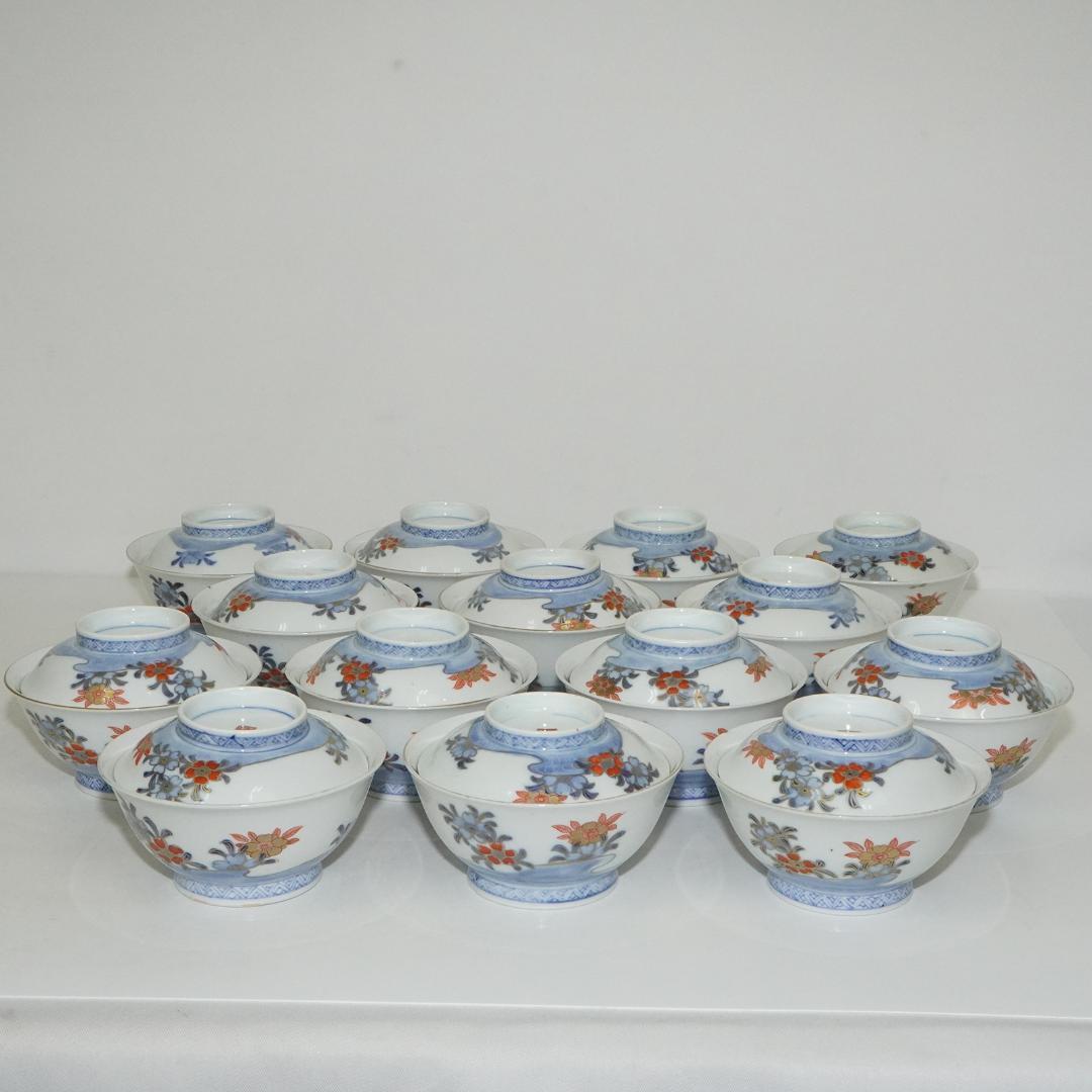 古伊万里　蓋付 飯 茶碗　14客 染付金彩木箱入り