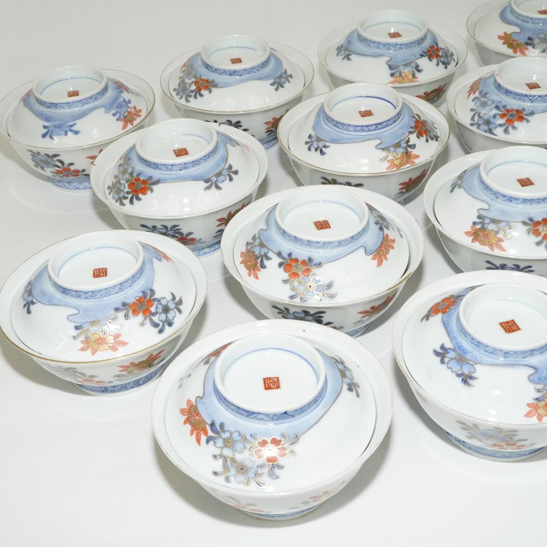 古伊万里　蓋付 飯 茶碗　14客 染付金彩木箱入り