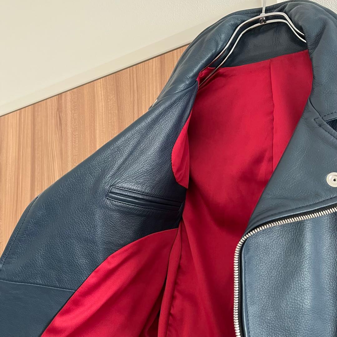 美品タグ有 NO ID. カウレザーライトニングWライダースJKT ネイビー 1