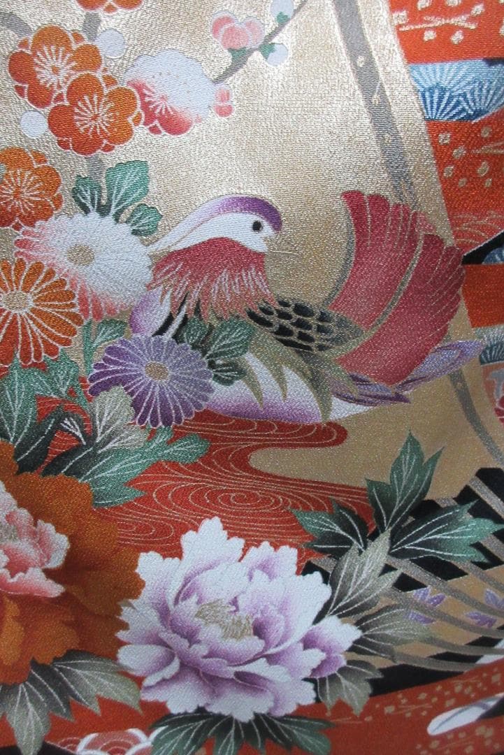 留袖ワンピース　 鳥花柄　金糸刺繍 ロングワンピース　シルク　ウエストリボン紐付