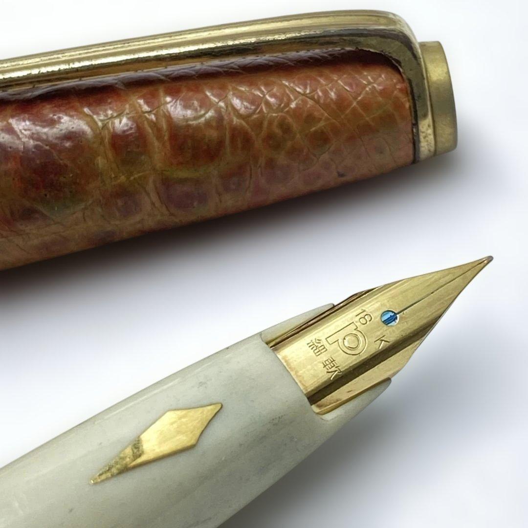 プラチナ万年筆 18K 本革張 象嵌 茶 ブラウン レザー