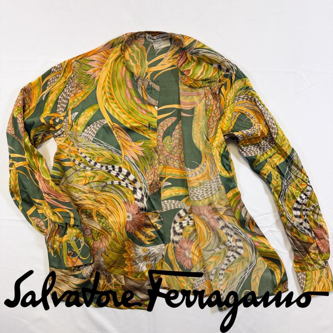 Salvatore Ferragamo シルク 総柄 シャツ 44 フェラガモ