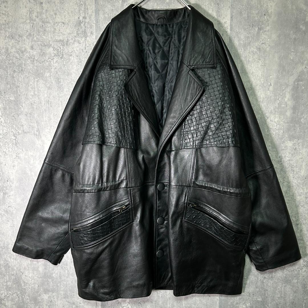希少デザイン 高級 ラムレザー チェスターコート 黒 本革 ゆったり 羊革