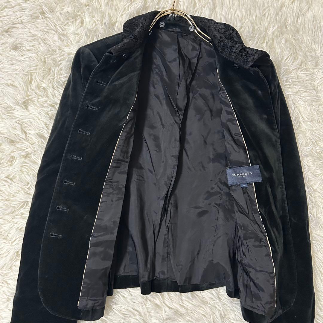 ［良品］BURBERRY ベロア スタンドカラージャケット ブラック 38