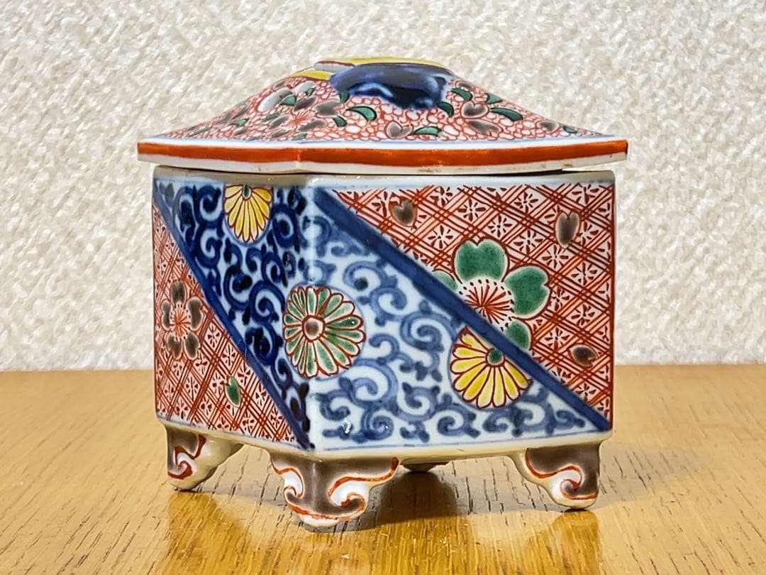 古い 伊万里焼? 九谷焼? 香炉 ひし形 箱付き