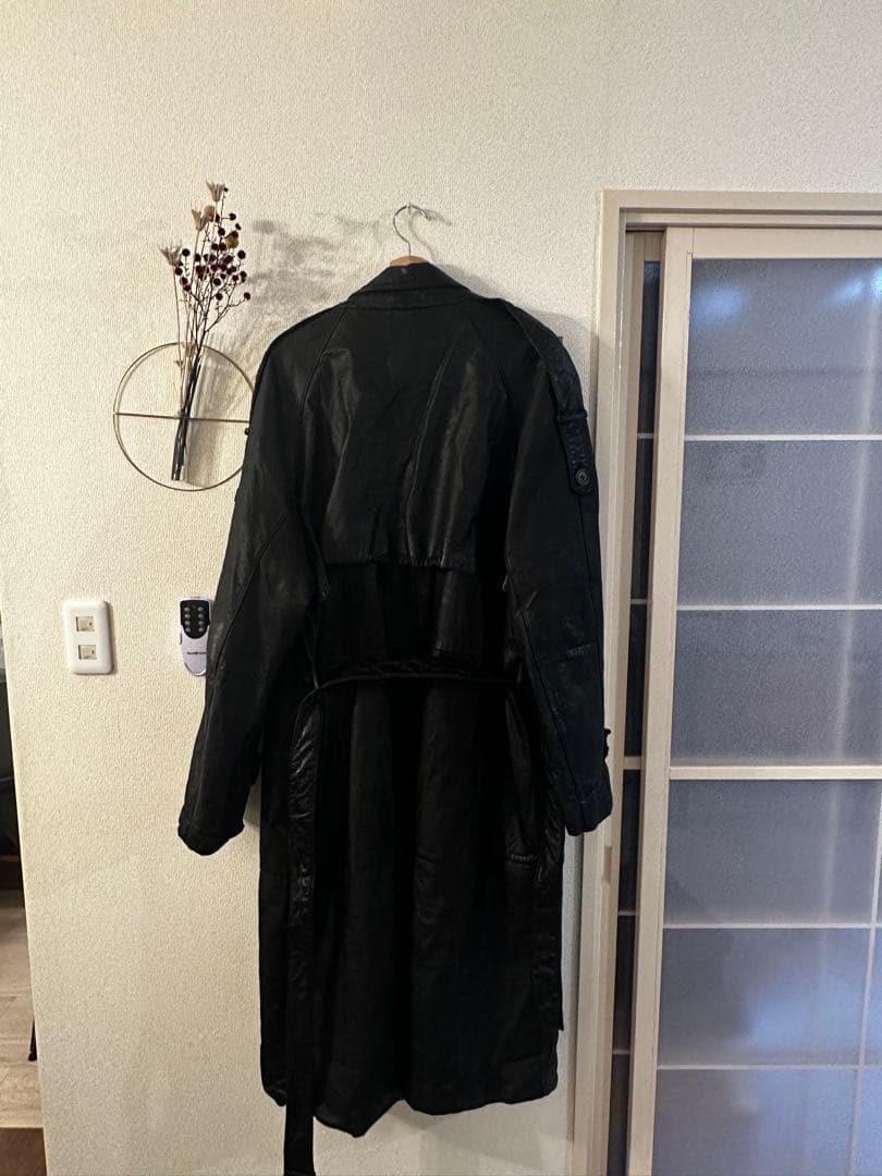 ブラック ロングレザートレンチコート XL