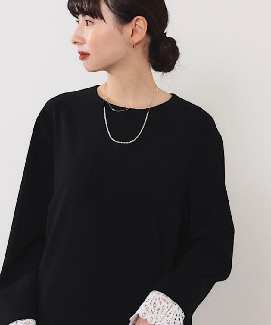 Demi-luxe Beams ダブルクロスレースカフスワンピース 紺