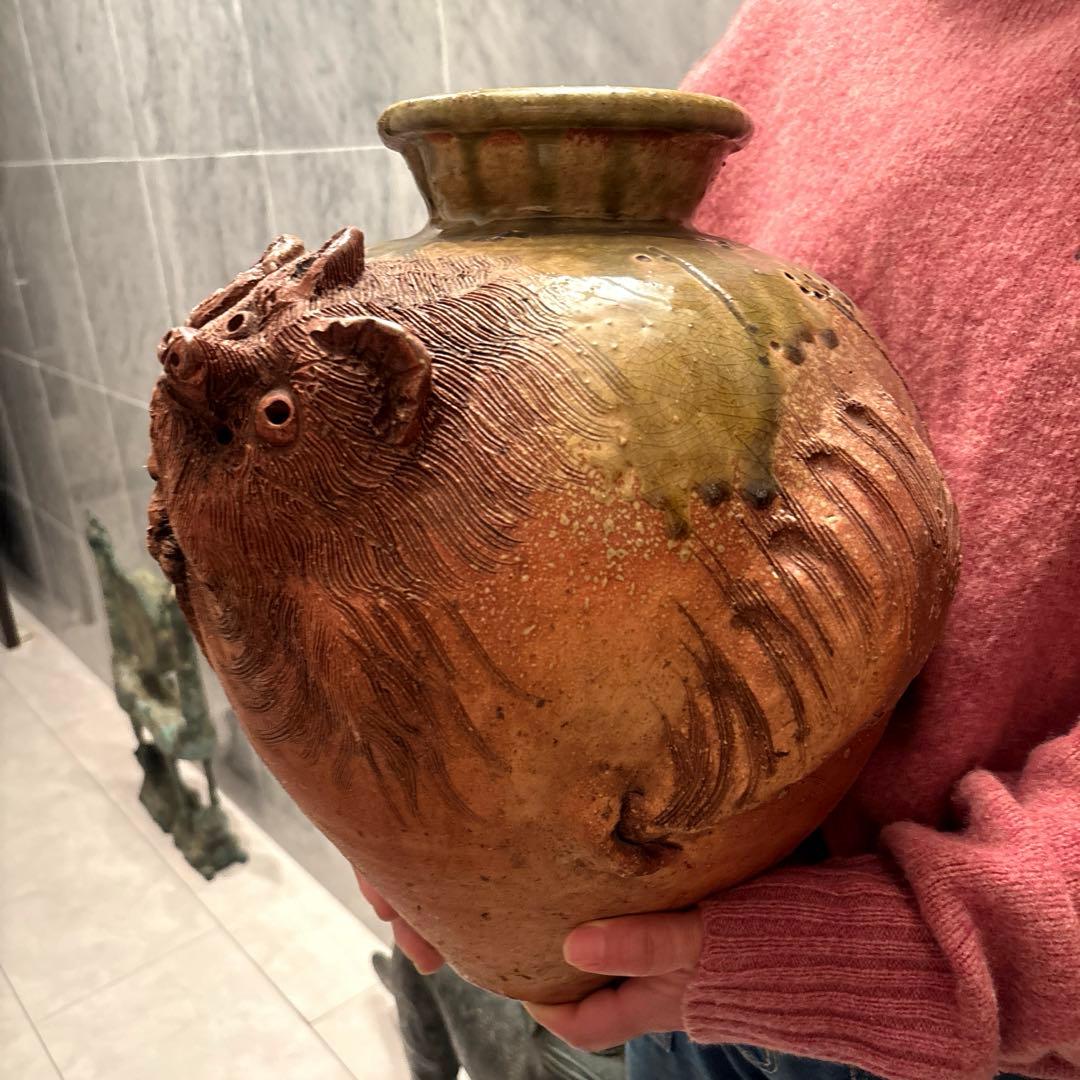 【希少】ヴィンテージ信楽焼 圧倒的な存在感の狸 変形花瓶　創作花器縁起
