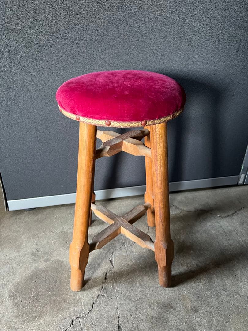 ベロア調　丸椅子　ヴィンテージ　アンティーク　スツール　木製　レトロ　古道具
