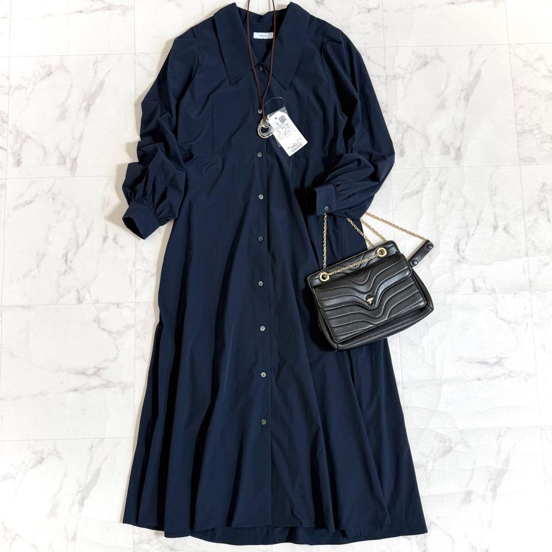 【新品】シップスエニィ フラットカラーVネックパフスリーブワンピース ネイビー