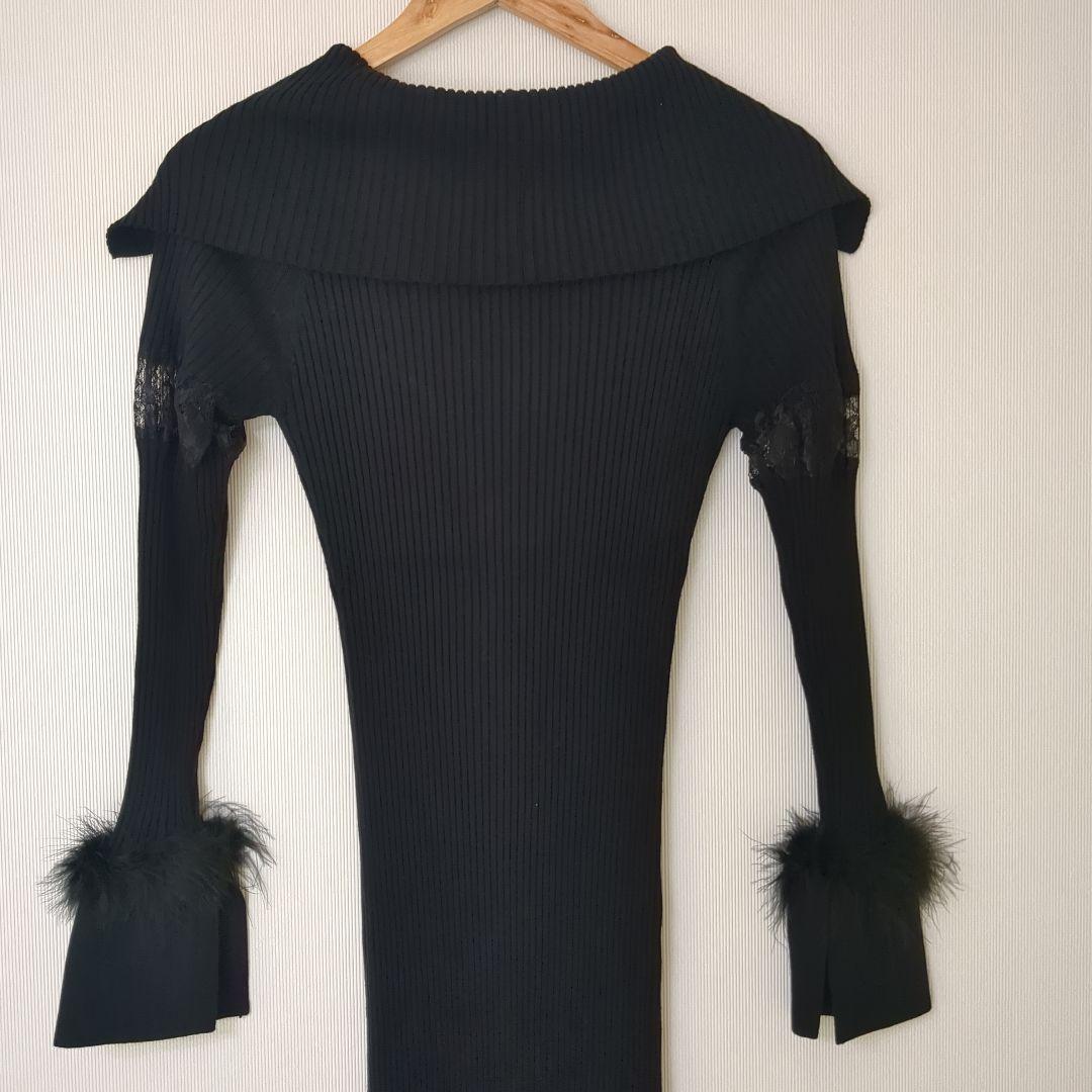 【極美品】ランディオフショルニットロングワンピース黒Fファースリーブきれいめ