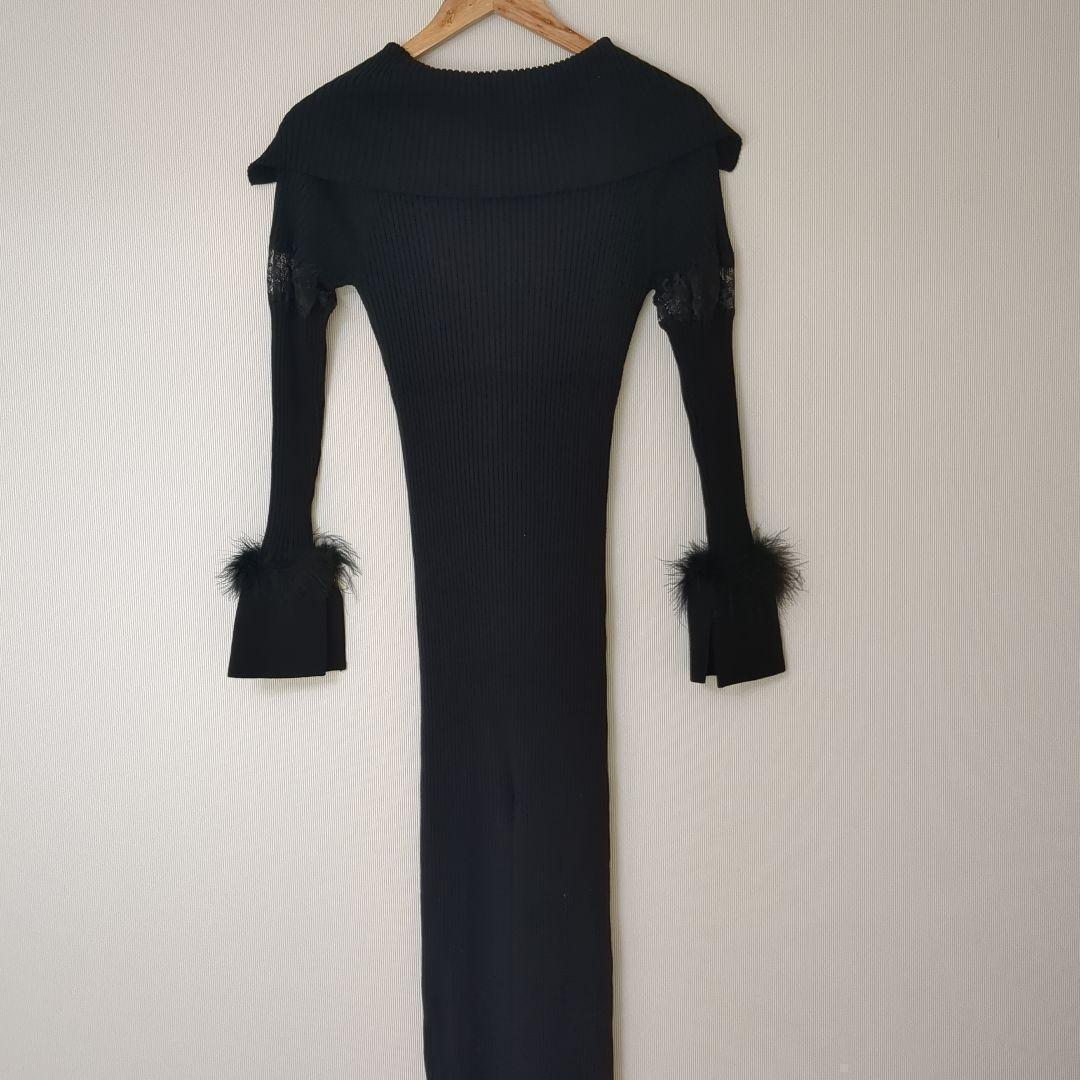 【極美品】ランディオフショルニットロングワンピース黒Fファースリーブきれいめ