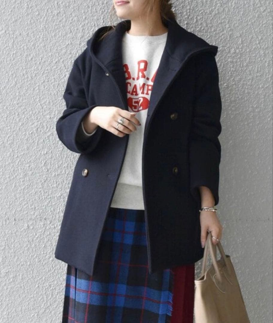 SHIPS any シップス フーデット ミディ コート 40 ネイビー 美品