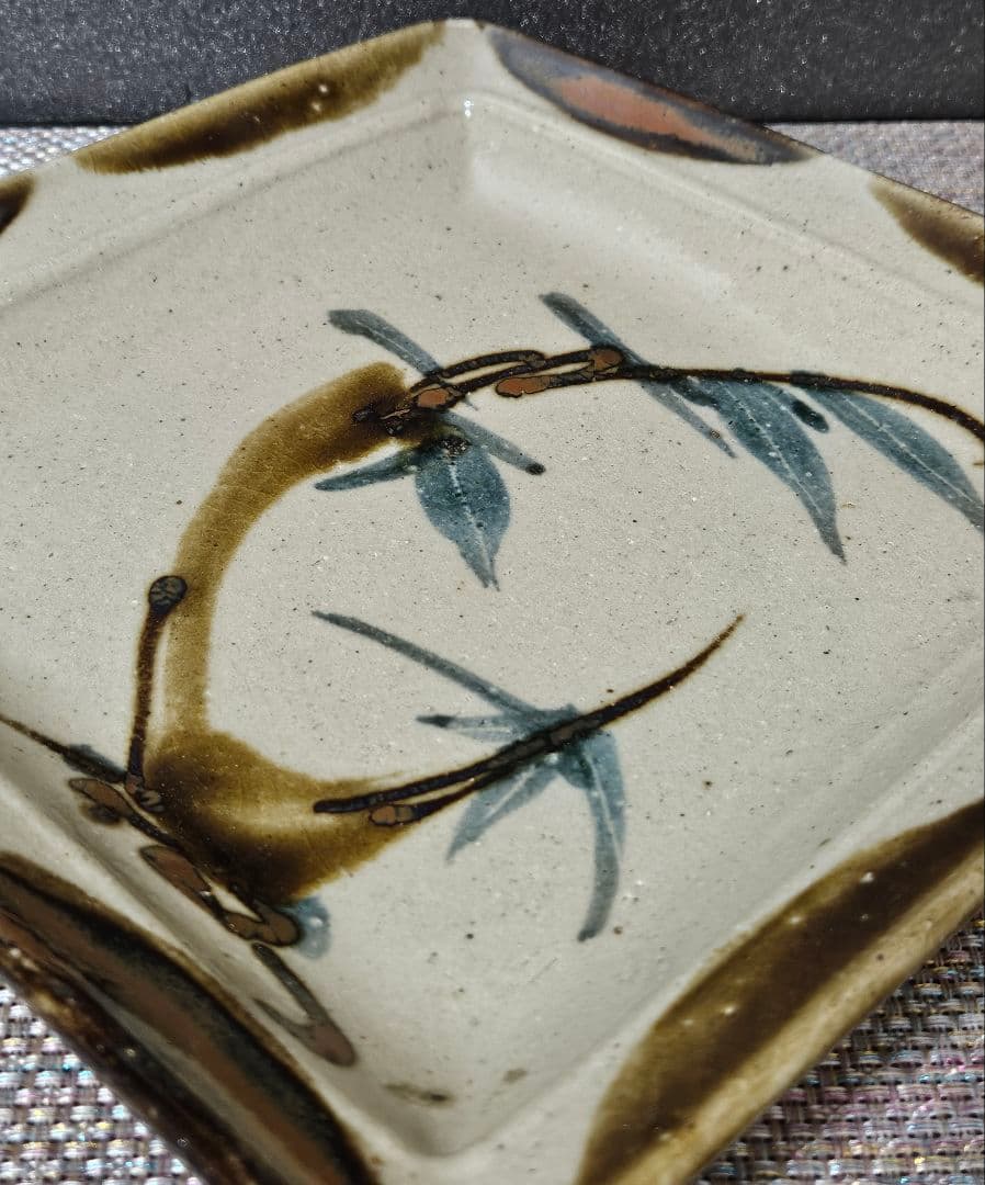 益子焼　名工　佐久間藤太郎 作　呉須竹絵　角皿飾皿　共箱　師 人間国宝　濱田庄司