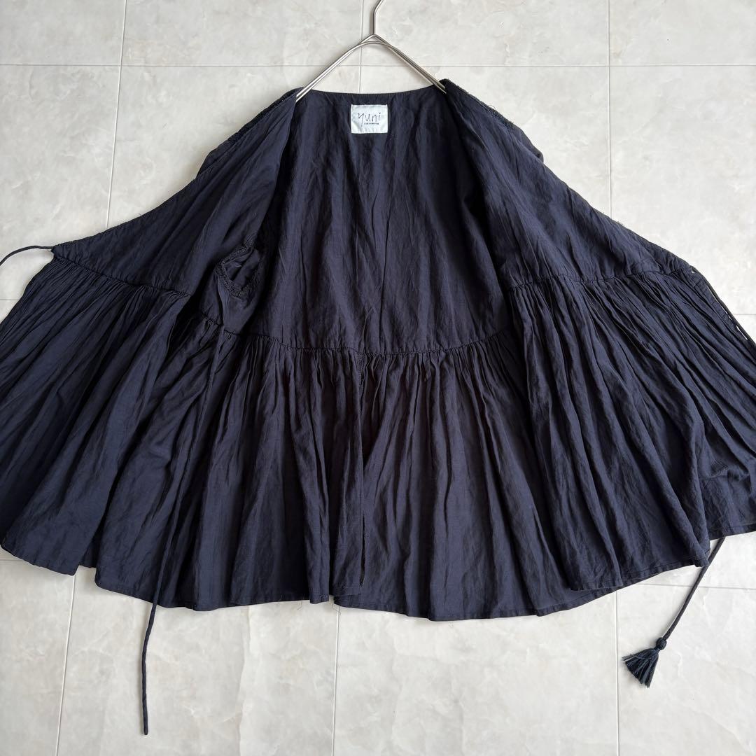yuni カシュクールブラウス 紺F 刺繍レース ギャザー タッセル 2WAY