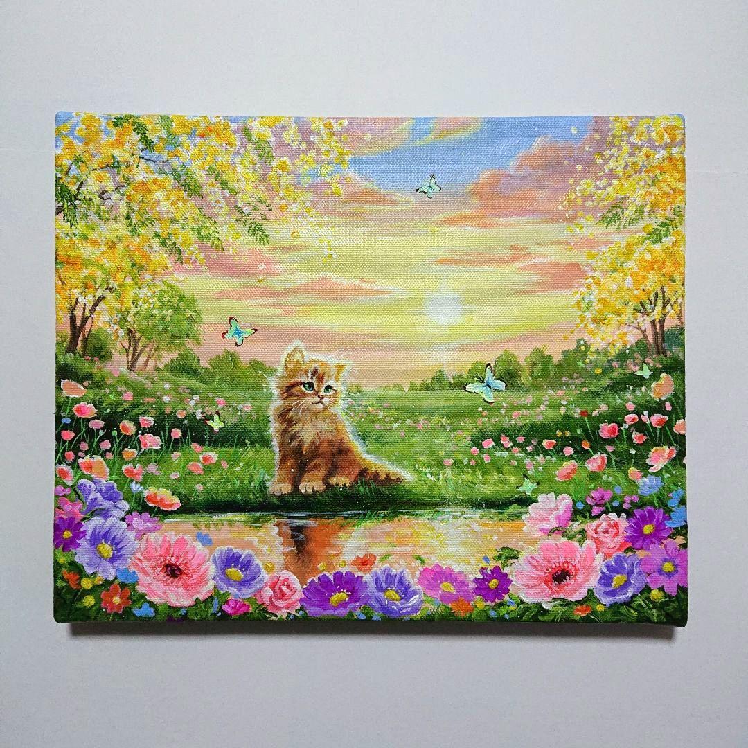 【春の夕空】アクリル画 F3 風景画 絵画