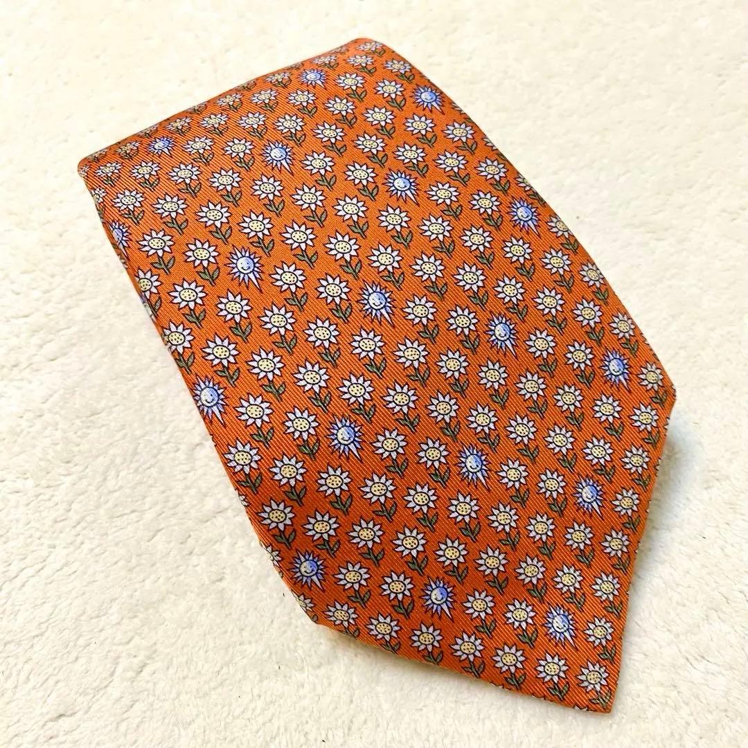極美品 HERMESエルメス ☆ ネクタイ シルク フランス 花 太陽 パワー色