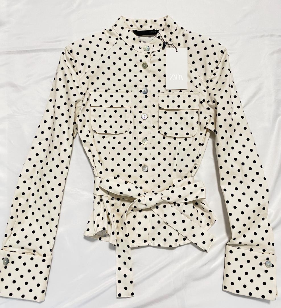 新品 ZARA ドット柄シャツジャケット 水玉 白色 黒色 XS