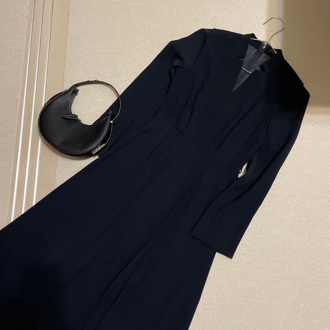 ・*・様 anuans ダブルサテンノーカラーワンピース　ネイビー S