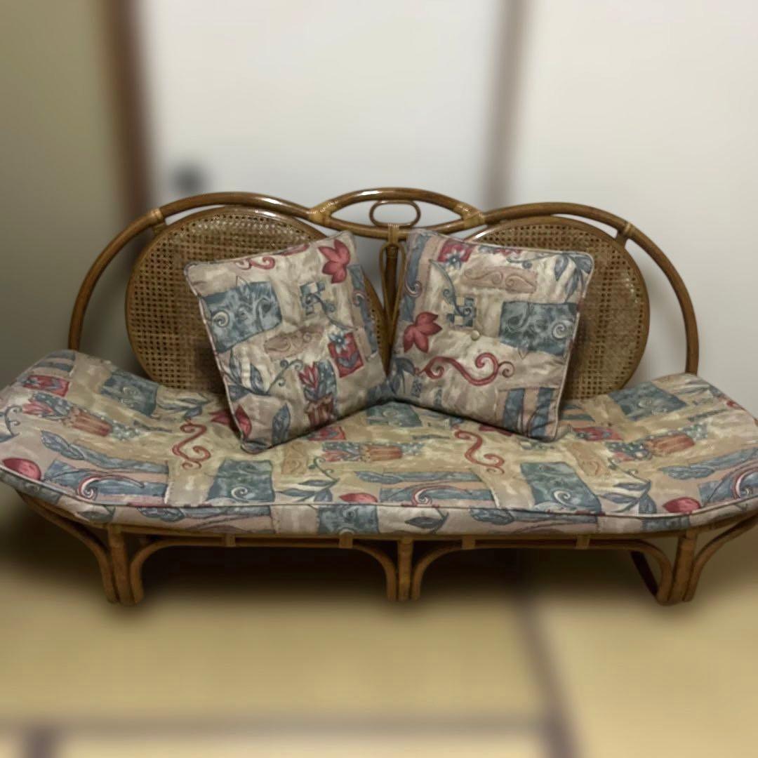 昭和レトロ 花柄　ラタンチェア 2人掛けソファー　　古家具 ビンテージ