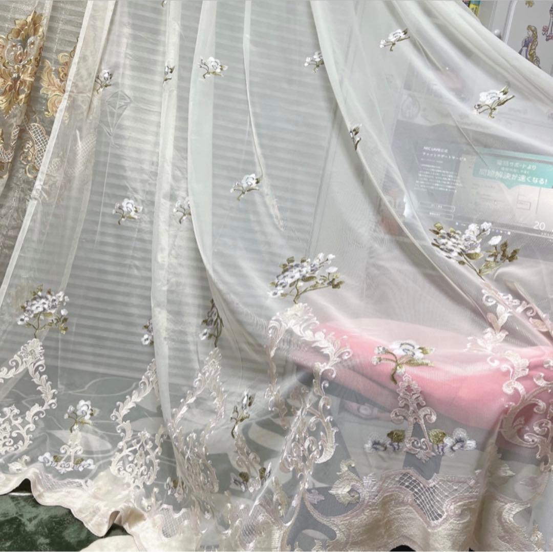 2枚組 レースカーテン 刺繍 サロン 店 ルーム カーテン おしゃれ 花柄 安