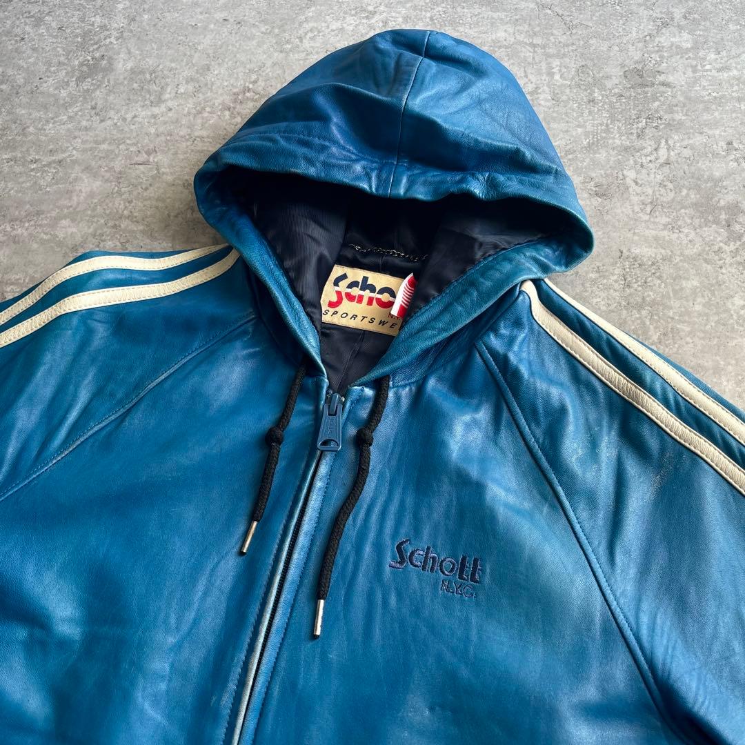 schott ショット【L】ラムレザー ジップパーカー レザージャケット ブルー