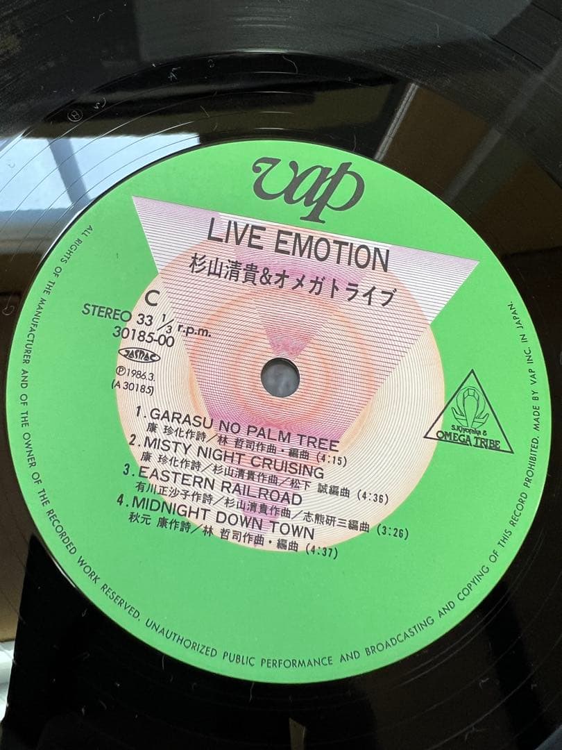 杉山清貴&オメガトライブ LIVE EMOTION 帯付　レコード1986年